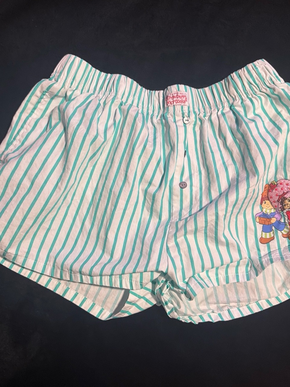 Striped teal Green Shorts with strawberry shortcake Patch